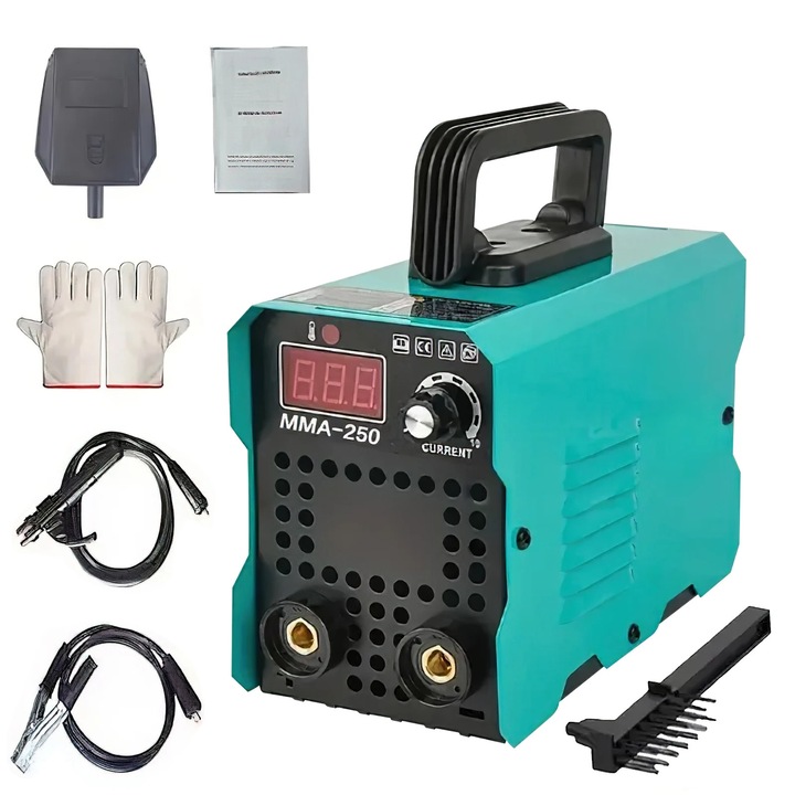 Hordozható inverteres hegesztőgép, EU-250A, 250A IGBT, 220V EU csatlakozó, Digitális LED kijelző, Kompakt 30×15×15 cm, Tengerészkék
