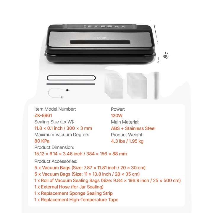 Aparat de vidat electric, 120W, 80KPa, 300x3mm, set cu 5 pungi de vidat 7.87x11.81 inch si 5 pungi de vidat 11x13.8 inch