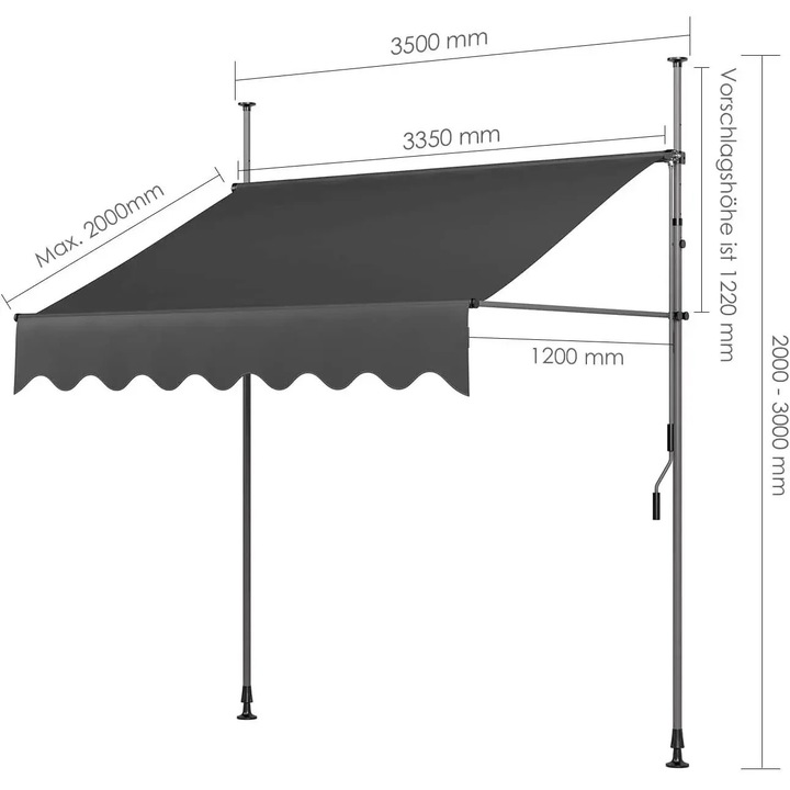 Marchiza balcon/terasa, Retractabila cu clema, 350 x 120 cm, UV 50+, Manivela, Fara gaurire, Poliester cu strat PU, Cadru din aluminiu, Gri