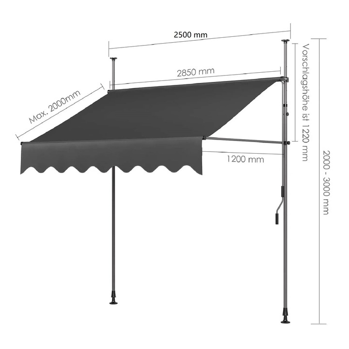 Marchiza pentru balcon si terasa, Retractabila cu manivela, Montaj cu cleme fara gaurire, Protectie UV 50+, Cadru din aluminiu, 250 x 120 cm, Gri