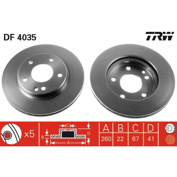 Disc frana TRW DF4035, ventilata, 5 gauri, 260x41mm, neagra
