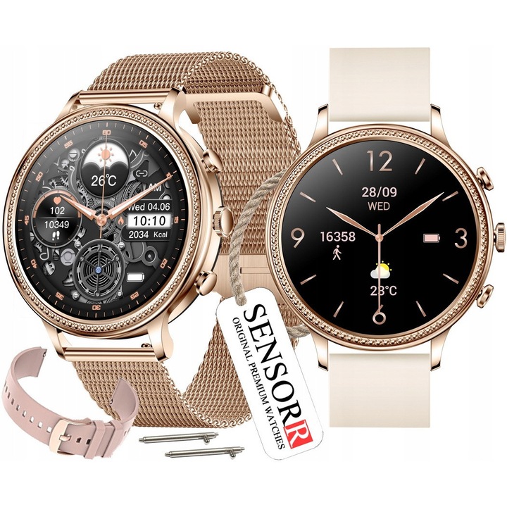 Smartwatch dama SENSORR, ecran tactil 1,39", metalic, set cu bratara si curea siliconica, auriu