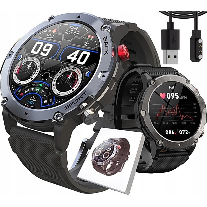 Ceas sportiv smartwatch SENSORR, 1,32" Ecran IPS HD, rezistent la apa IP68, negru, 51g