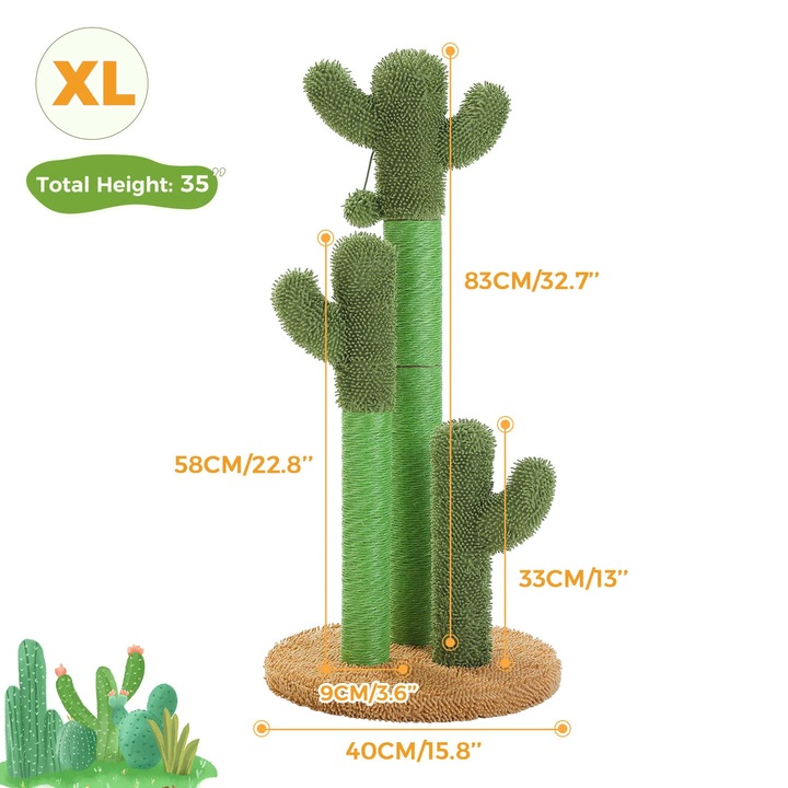Stalp de zgariat pentru pisici Cactus, 83CM inaltime, 3 stalpi, jucarie interactiva inclusa, 40x40cm