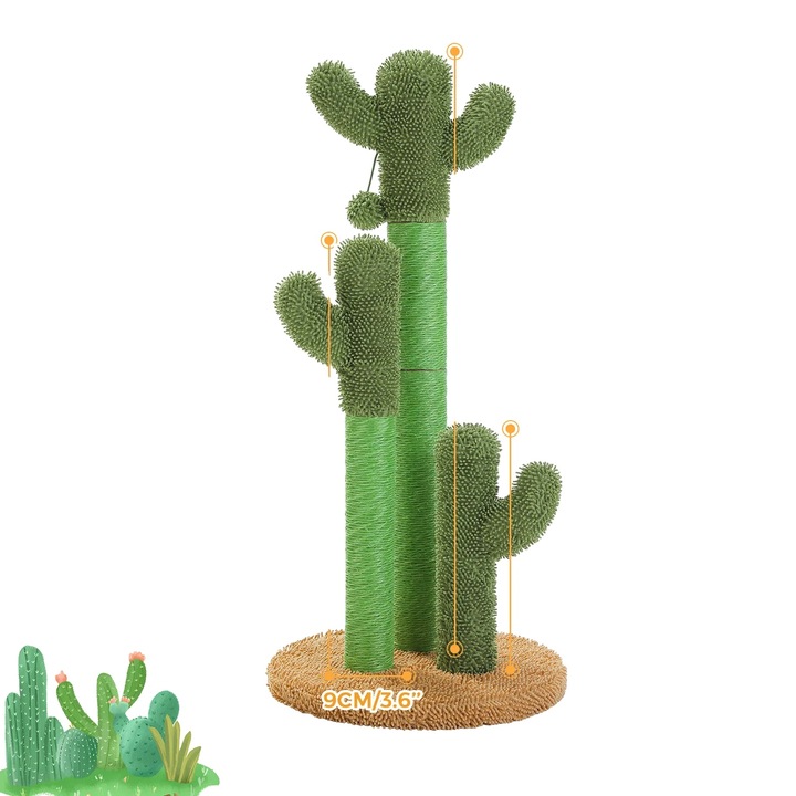 Stalp de zgariat pentru pisici Cactus, 83CM inaltime, 3 stalpi, jucarie interactiva inclusa, 40x40cm