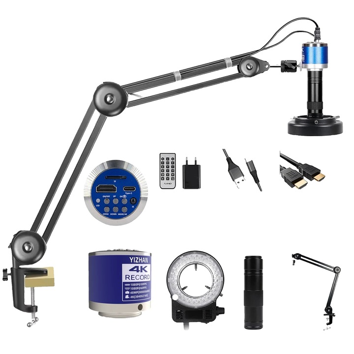 Цифров микроскоп, 4K камера, 150x увеличение, LED осветление, регулируема стойка, дистанционно управление