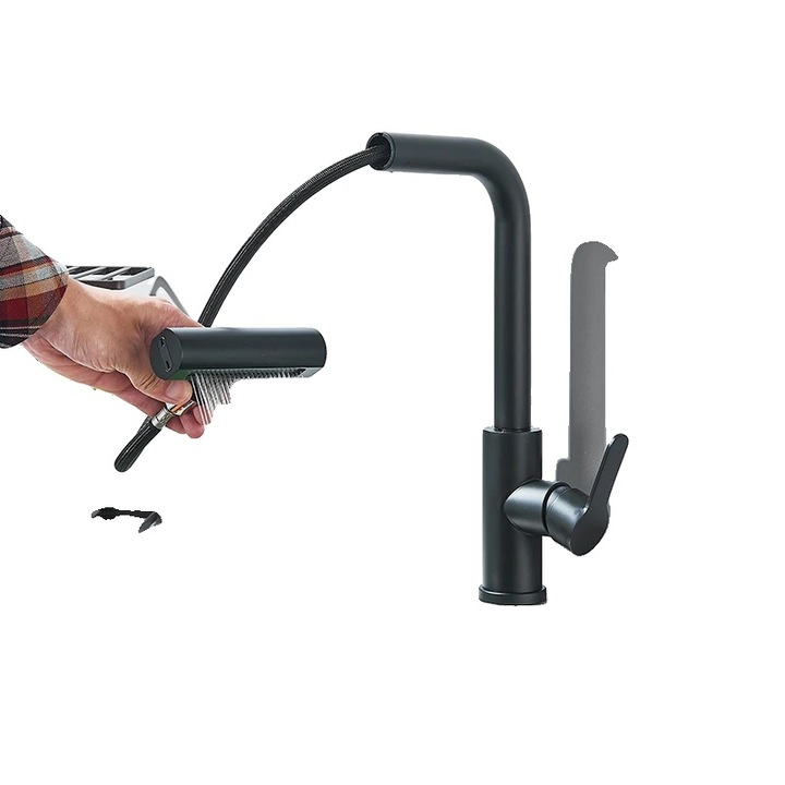 Fürdőszobai csaptelep, 360 fokban forgatható, behúzható fúvókával, fekete