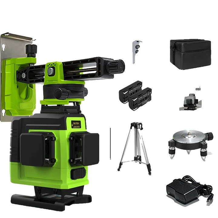 Зелен лазерен нивелир с дистанционно управление, 16 линии, комплект с кожена чанта, 2 батерии, 360° стойка, 1,5 м статив