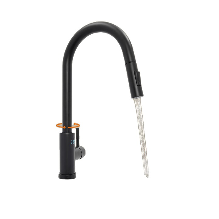 360°-ban forgatható fürdőszobai csaptelep, LED hőmérsékletkijelző, fekete rozsdamentes acél, 21x42cm