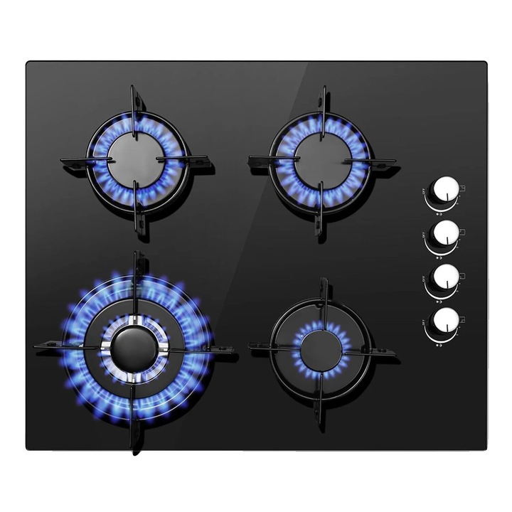 Gázfőzőlap, 4 égős, elektronikus gyújtás, üveg design, 60x51x10cm