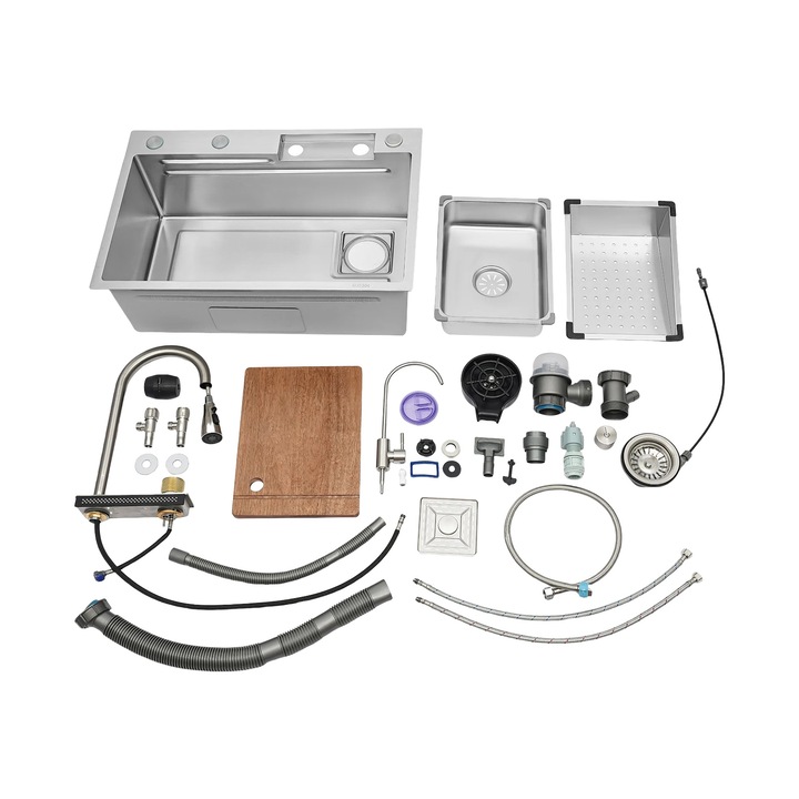 Chiuveta pentru bucatarie, 304 inox, 4 moduri de apa, argintie, 75x45x21cm, set
