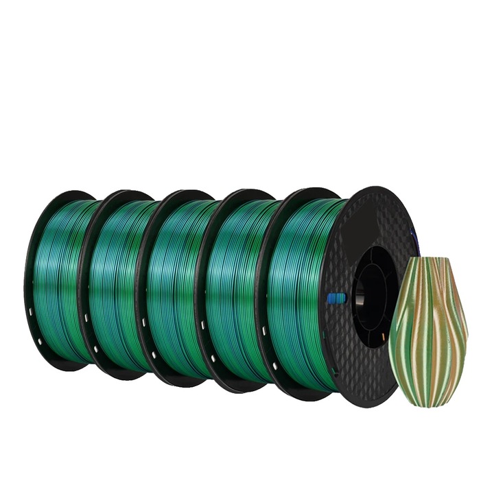 Filament 3D Silk PLA, 5kg, Set 3 culori, Albastru-Verde-Portocaliu, 1.75mm