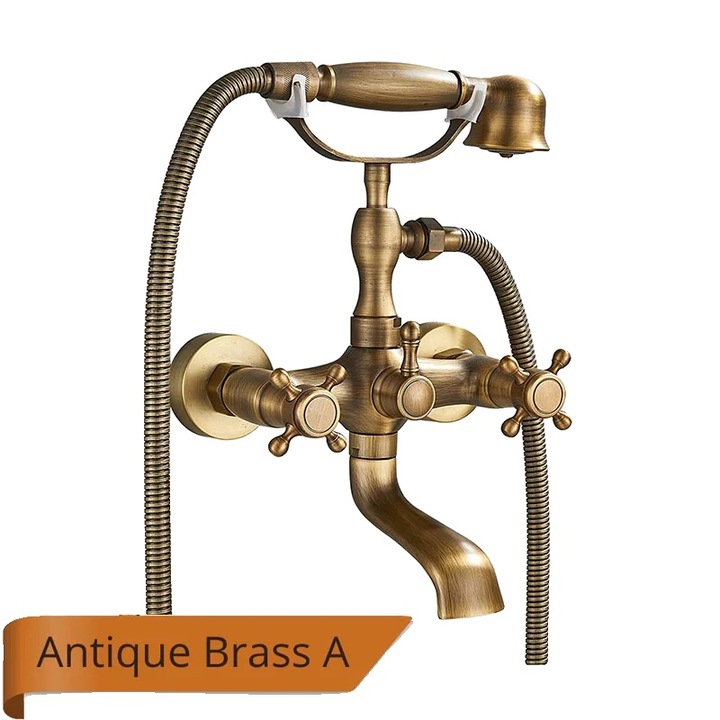 Смесител за вана, ретро дизайн, двойно управление, ръчен душ, античен месинг, 13.5-17 см