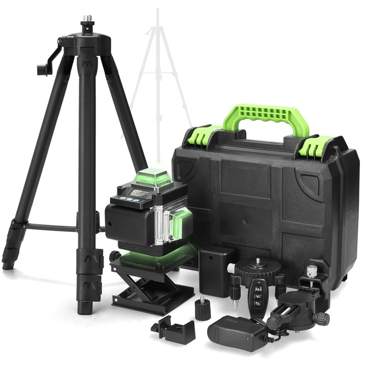 Nivela cu laser, 16 linii, auto-nivelare ±3°, baterie litiu reincarcabila, trepied reglabil 1, 2 m, verde