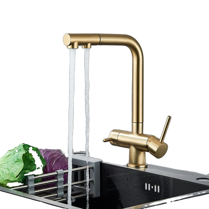 Fürdőszobai csaptelep, szálcsiszolt arany, sárgaréz szerkezet, modern dizájn, pultra szerelhető, két fogantyúval