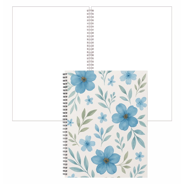 Agenda cu Spirala OBRO, Foi Albe, Imprimeu Flori, Albastru, A5, 80 file