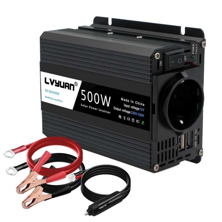 Autós inverter 500W, 12V-ról 220V-ra, USB kimenettel, méretek 155x111x58mm, súly 600g
