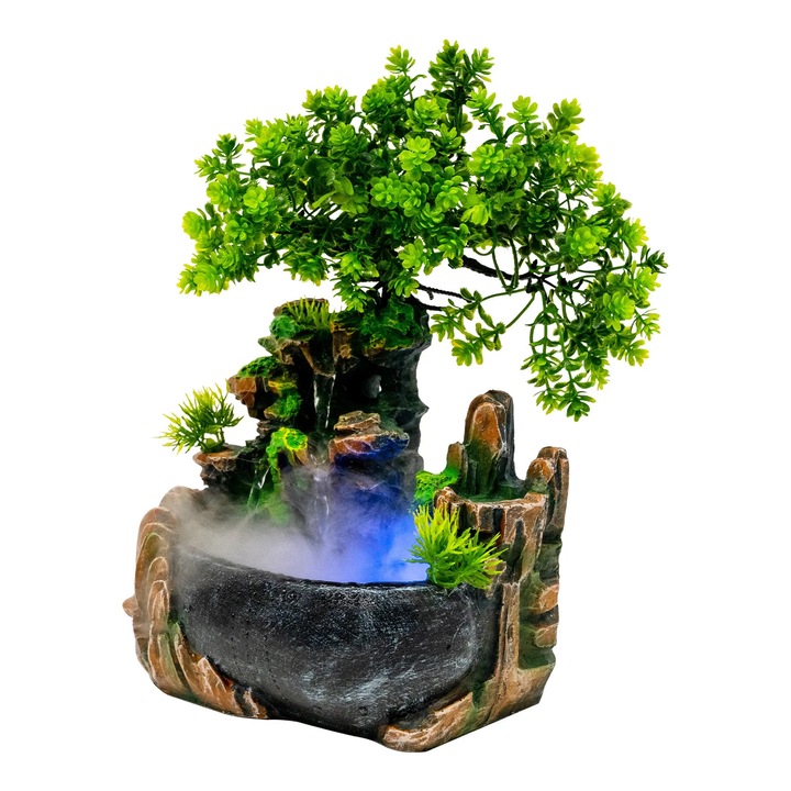 Fantana de interior, Fantana de masa, Iluminare LED, Cascada cu ceata, Rasina, Pentru living si birou, Verde