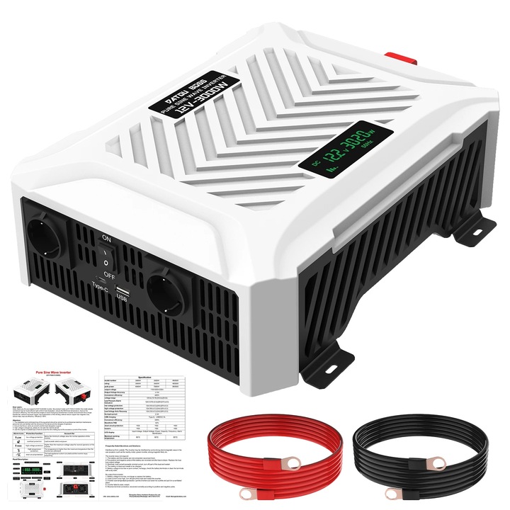 Inverter auto DATOUBOSS, 3000W, doua prize EU, DT-PSW-E3000W-12V, cablu rosu, cablu negru