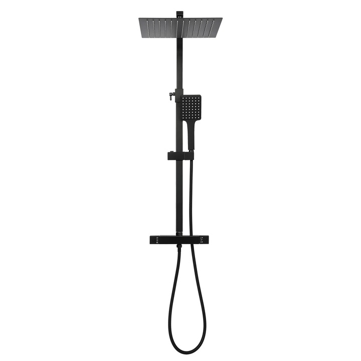 Set dus tip ploaie, Sistem de dus termostatic, Montaj pe perete, Cap patrat 30 cm deasupra, Temperatura constanta 38°C, Dublu maner, Reglaj 360°, Furtun 1, 5 m, Negru