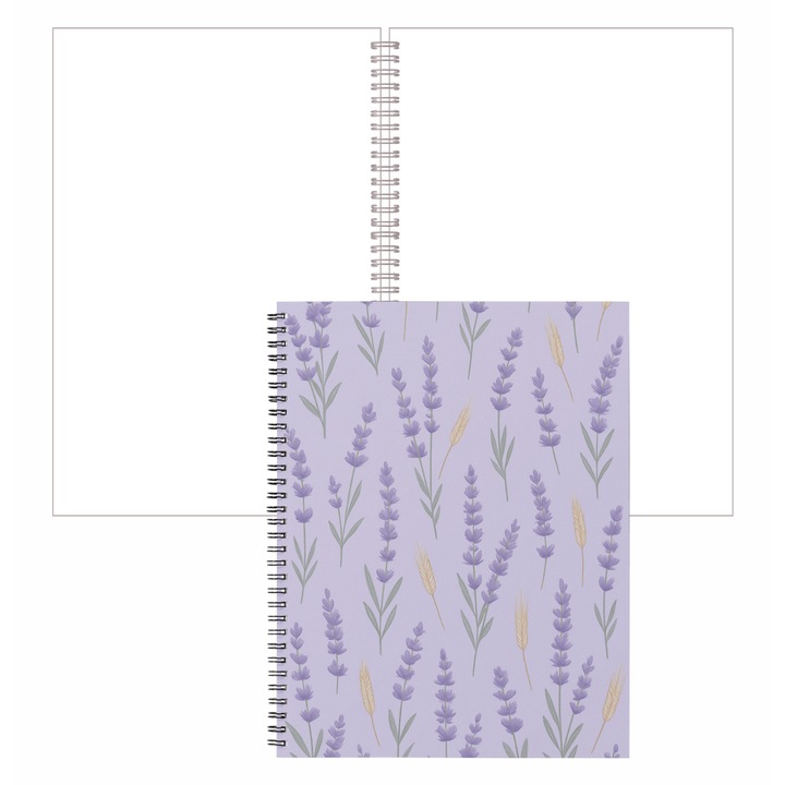 Agenda cu Spirala OBRO, Foi Albe, Imprimeu Flori Lavanda, Mov, A5