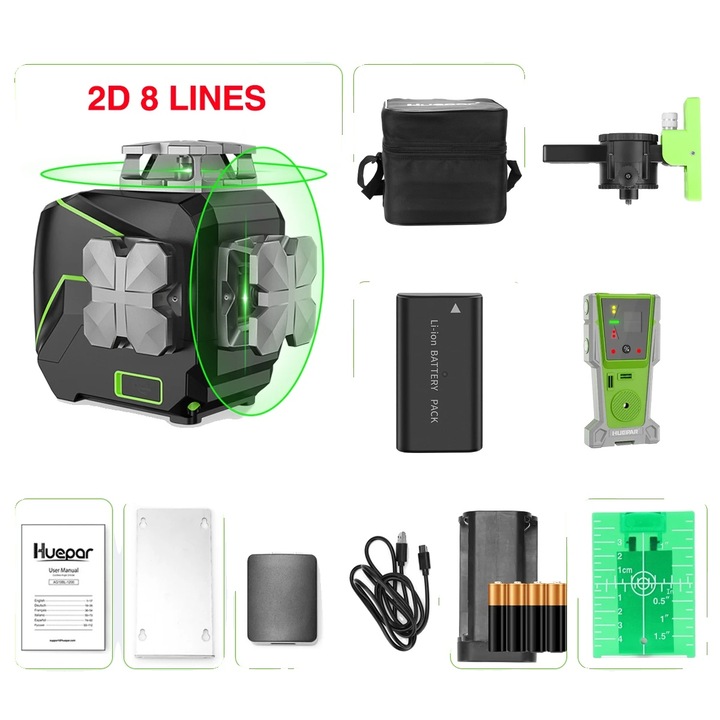Nivela laser portabila, 8 linii laser verzi, IP54 rezistent la apa, cu detector, 22.8x22.8x21cm