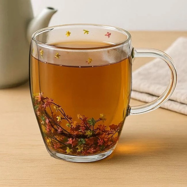 Cana transparenta cu perete dublu, flori uscate colorate la interior, ClickDeal®, 350ml