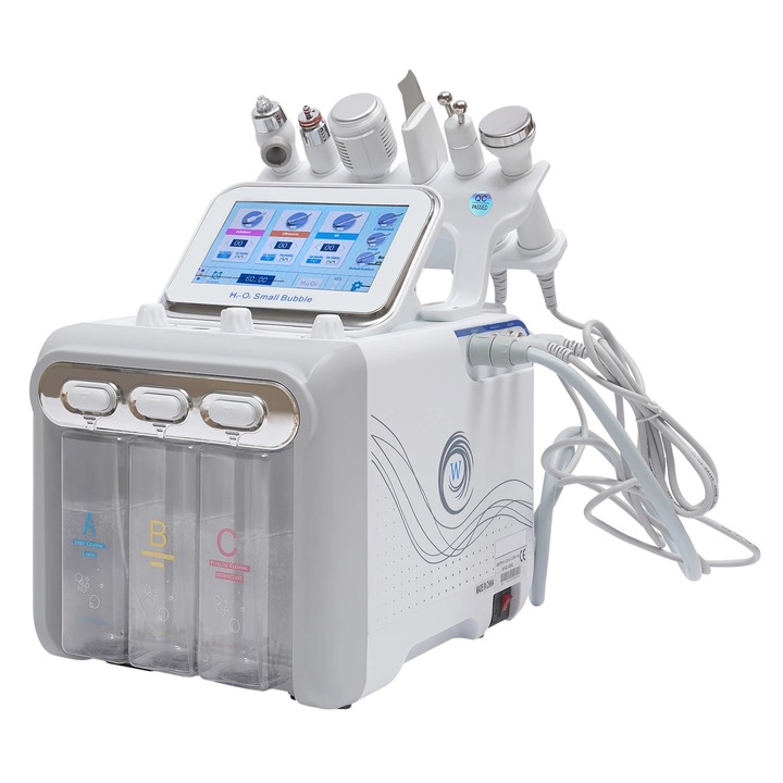Dispozitiv hidrofacial 6-in-1, afisaj LED de 7 inchi, motor puternic de 80 W, ALB
