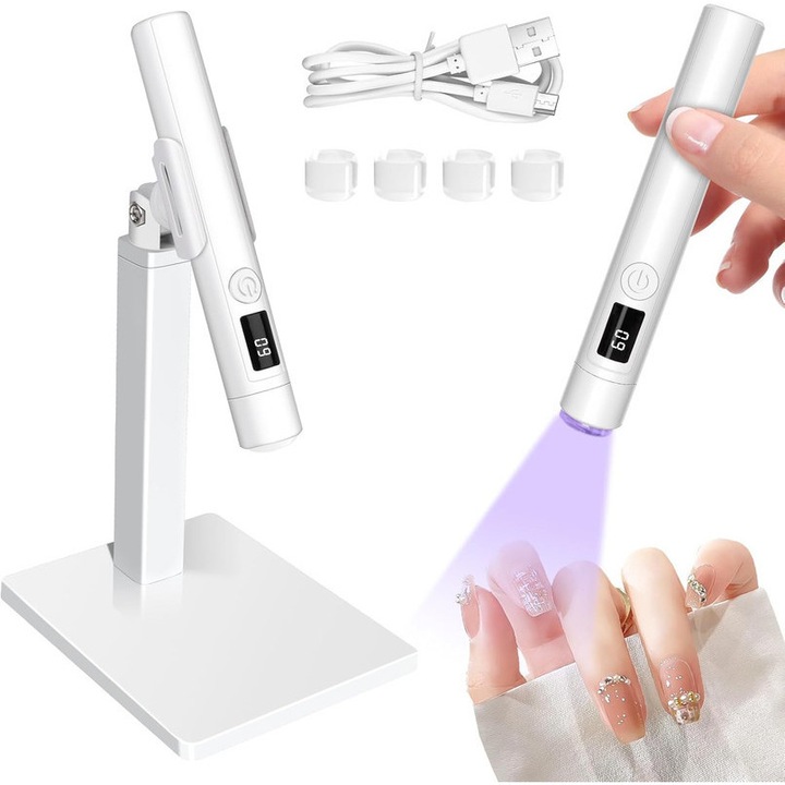 UV гел лампа за нокти, преносима мини UV лампа за нокти със стойка и 4 силиконови глави, презареждаща се, 2 режима на отчитане на времето, 20s/60s, за гел лак, за бързо втвърдяване на лепилото за нокти