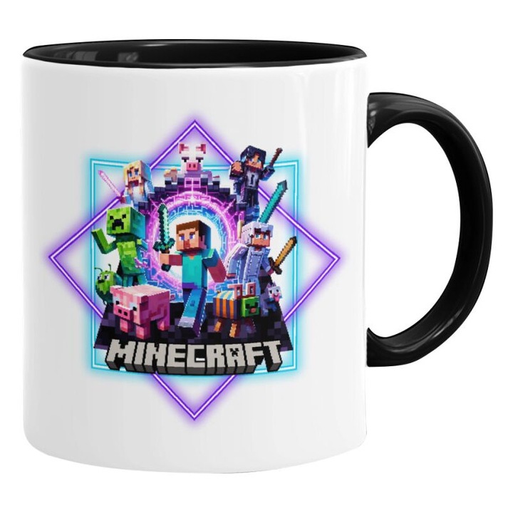 Cana ceramica Minecraft Nether Portal, 330ml, neagra, set cu maner colorat