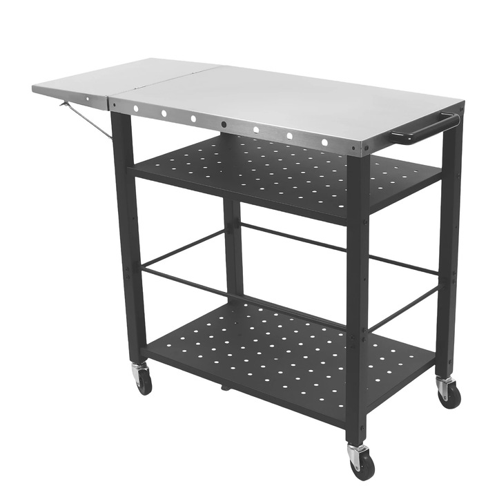 Masa carucior gratar exterior BBQ, carucior servire cu blat, 4 rafturi, roti cu frana, structura robusta din inox si otel, spatiu mare de depozitare, negru/argintiu