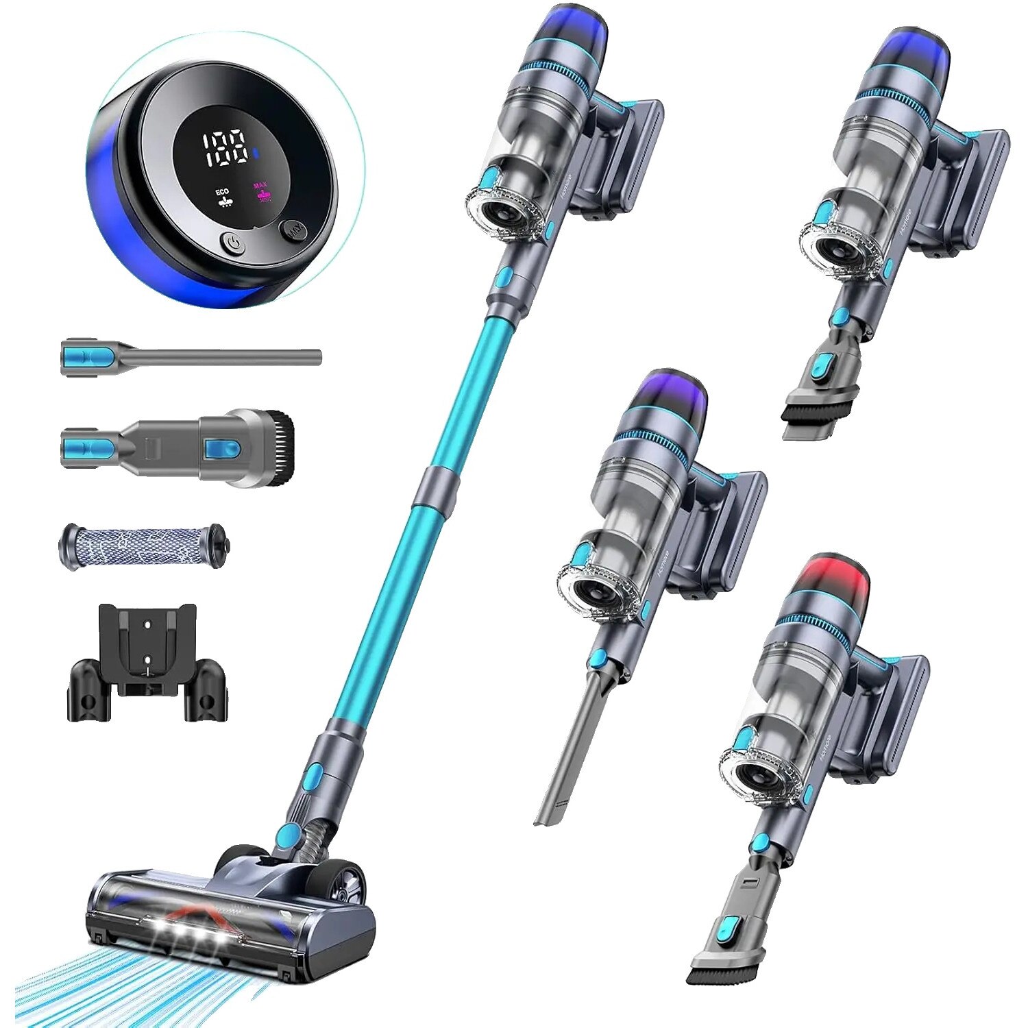 Aspirator fara fir, 600W, putere de aspiratie 56KPA, display LED inteligent, albastru, capacitate colectare 1.5L
