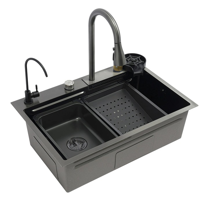 Chiuveta bucatarie, inox, 8.3x30 cm, 3 cuve, 2 metode de instalare, negru