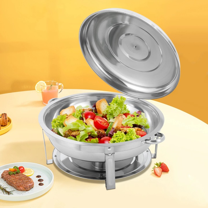 Incalzitor de mancare si chafing dish, Vas rotund de incalzire, Incalzire uniforma, Mentine cald, Pentru bufet, petreceri, nunti si exterior, Argintiu
