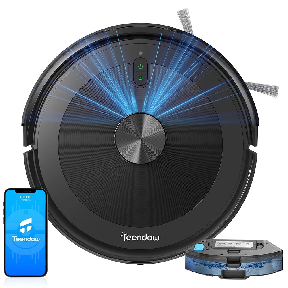 Aspirator robot Teendow D10S cu mop, Robot de aspirare 2 in 1, Navigare LiDAR la 360°, Detectare covor, Putere de 4500Pa, 120 de minute, Alexa, Google Home, Negru, 0.3 L