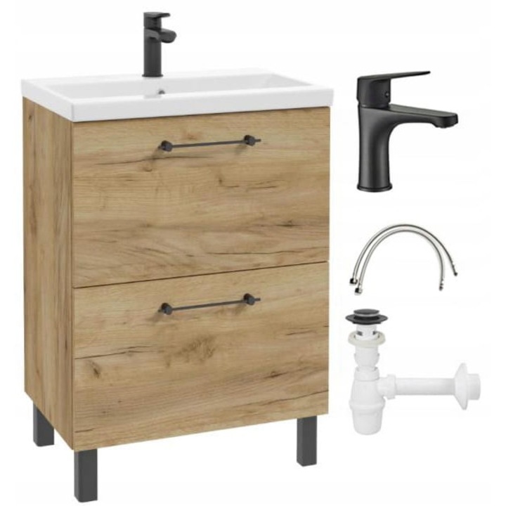 Dulap de baie cu chiuveta, robinet mixer si sifon, 60x40x84cm, Stejar artizanal, 2 sertare