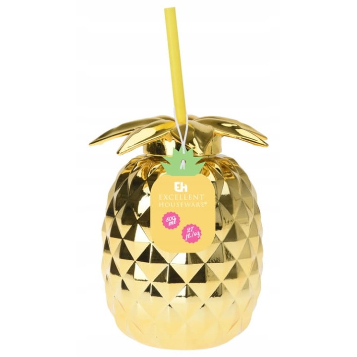 Pahar cu pai Koopman forma ananas 500ml, plastic, auriu