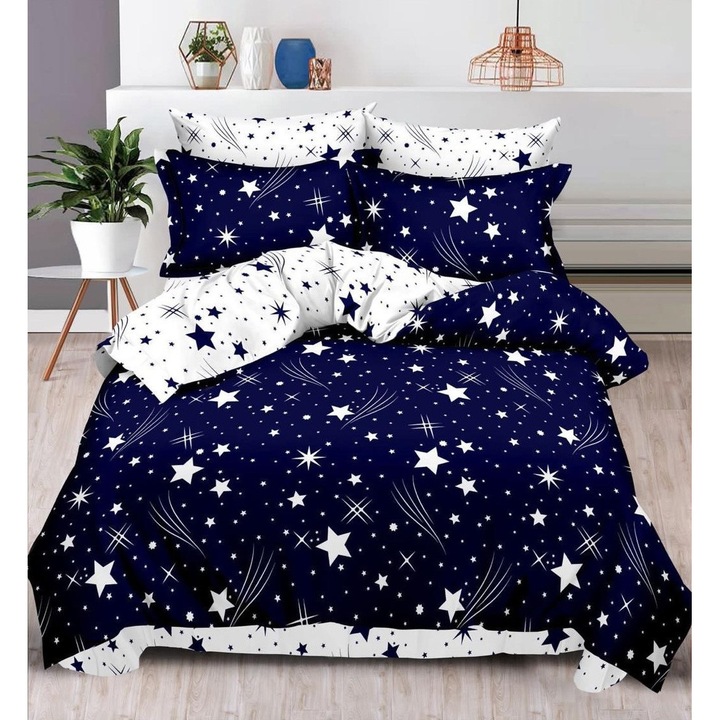 Set Lenjerie de pat CHIRASO, pentru 2 persoane, FINET, 6 piese: Cearceaf cu elastic 180 x 200 cm, Cearceaf pilota 200 x 230 cm, 2 fete perna 70 x 70 cm, 2 fete de perna 55 x 75 cm, cu imprimeu stelute, albastru inchis-alb