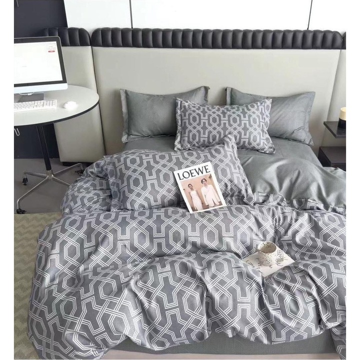 Set Lenjerie de pat CHIRASO, pentru 2 persoane, FINET, 6 piese: Cearceaf cu elastic 180 x 200 cm, Cearceaf pilota 200 x 230 cm, 2 fete perna 70 x 70 cm, 2 fete de perna 55 x 75 cm, cu imprimeu abstract, gri deschis-alb