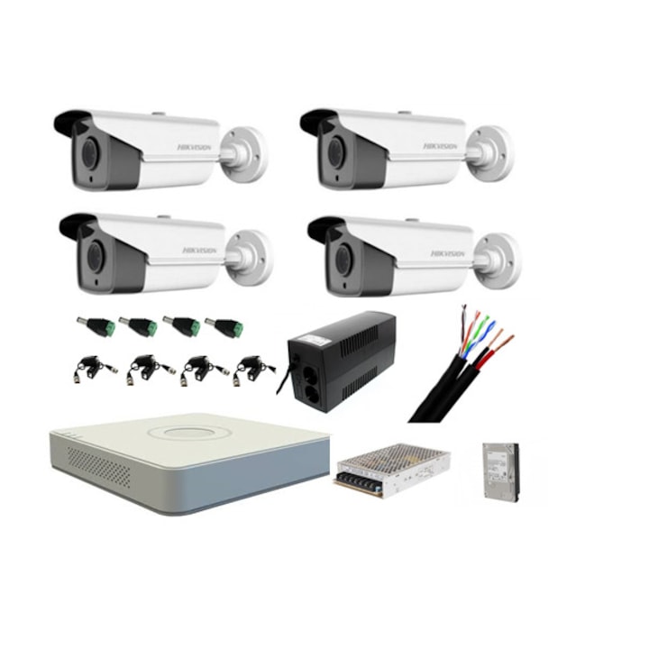 Sistem de supraveghere Dahua cu 3 camere 5 MP, 2 exterior IR 80m, 1 interior, IR 30M, Starlight, DVR Dahua 4 canale, 5 MP, Hard, Accesorii incluse