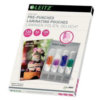 Folie Leitz Quality pre-perforata pentru laminare la cald, A4, 125 mic Folie Leitz Quality pre-perforata pentru laminare la cald, A4, 125 mic