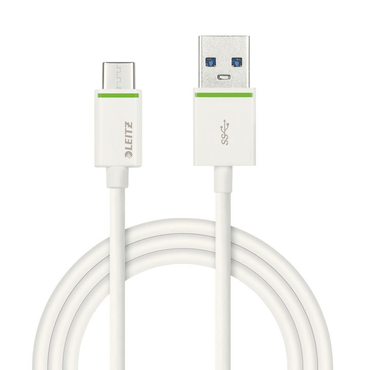 Cablu de date Leitz Complete tip USB-C la tip USB-A, cu iesire pana la 3.1A, 1 m, alb
