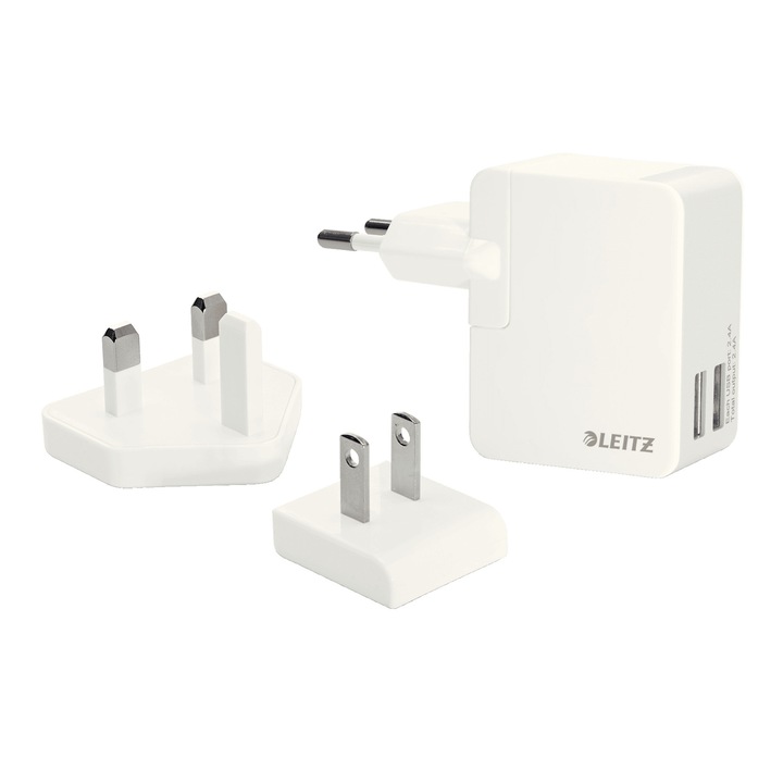 Incarcator Priza, Retea, Leitz Complete Traveller , 65200001 , 2 Porturi USB-C 2.4A, 3 Adaptoare Incluse , Alb