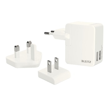 Duo-incarcator universal Leitz Complete USB pentru perete, 12W, 3 adaptoare incluse, alb Duo-incarcator universal Leitz Complete USB pentru perete, 12W, 3 adaptoare incluse, alb