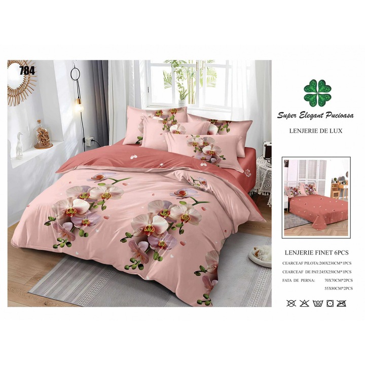 Lenjerii De Pat Din Finet 6 Piese - Roz Cu Orhidee
