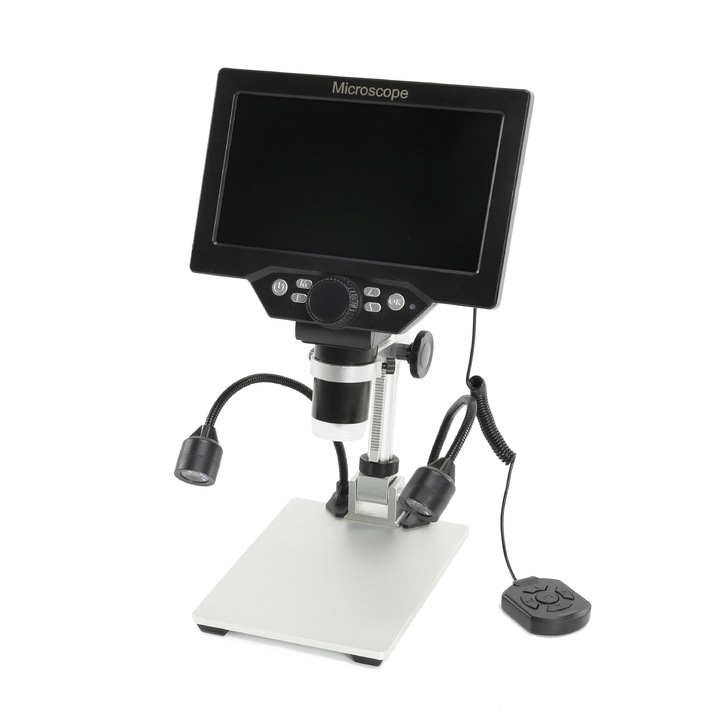 Microscop Digital, 12MP, 10x-1200x, Ecran LCD 7 Inch HD, Portabil, Inregistrare Foto si Video 1080 FullHD, Negru / Argintiu
