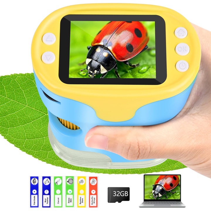 Microscop digital de buzunar 1000X, portabil, cu card SD 32 GB, ecran IPS de 2 inch, probe de diapozitive, cadou pentru copii, studenti, albastru