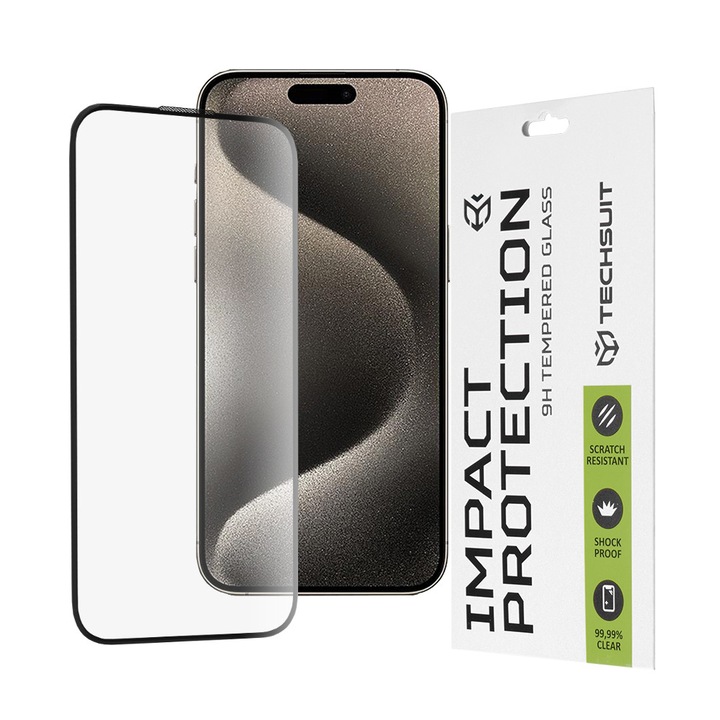Techsuit iPhone 15 Pro Max telefonfólia, edzett üveg, ütésálló, fekete