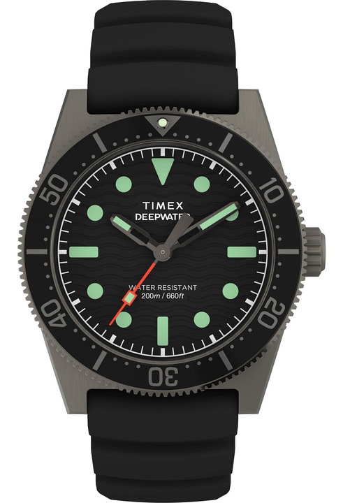 Ceas Timex Deep Water, mecanism quartz, 41mm, rezistent la apa 200m, curea cauciuc neagra
