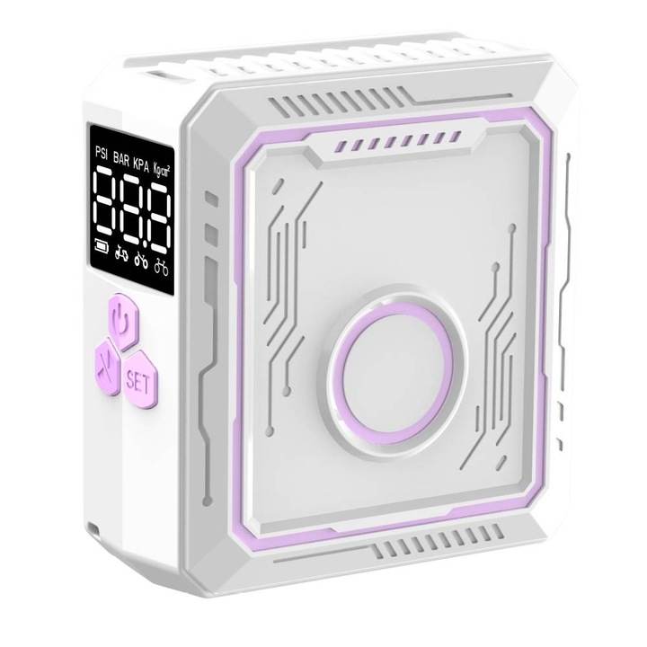 Hordozható autókompresszor, Kerekek felfújásához, Type-C töltés, LED kijelző, Digitális, Autóhoz, kerékpárhoz, motorkerékpárhoz, labdához, Fehér